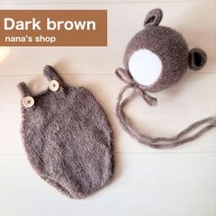 ダークブラウン♪くま耳帽子とクマロンパース　ニューボーンフォト衣装 ボンネット