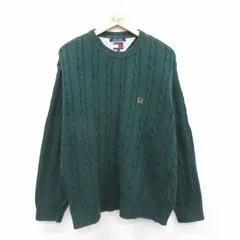 XL/古着 トミーヒルフィガー 長袖 ブランド ケーブル セーター メンズ 90s ワンポイントロゴ コットン クルーネック 緑 グリーン spe 25oct