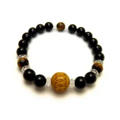 九頭馬 うまくいく！？ 浮き彫り柘植玉ブレスレット オニキス 天然石 パワーストーン プチギフト 転勤 退職 お礼 母の日