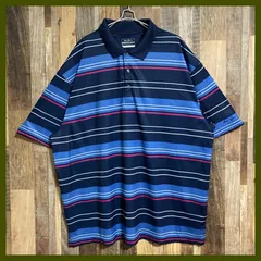 メンズ 古着 半袖 ポロシャツ ボーダー オーバーサイズ ネイビー系 3XL 刺繍