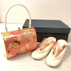 【美品】草履 バッグ セット／Zori Sandals & Handbag Set バラ柄 ピンク×アイボリー系 振袖 訪問着 成人式 結婚式 和装小物