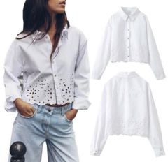 <New> 2025 Cutwork Embroidery Cropped Shirt - Size M