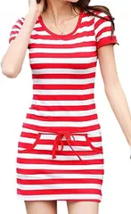 emu's mimi(エムズ ミミ) ボーダーワンピース ミニ 半袖 ウエスト 切り替え レディース( レッド,  M)