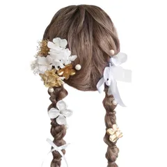 【大人気！】[Lomeri] ロメリ 【3色展開】 ドライフラワーとマムの髪飾り 浴衣 着物 和装 振袖 成人式 結婚式 卒業式 七五三 ウエディング かわいい U39 (白×ゴールド)