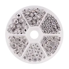 PH PandaHall 約216個入り 6種類 メタルビーズ 古銀色 合金 スペーサービーズ 菊座 花座 座金 チャーム チベット風 ジュエリー製作 アクセサリーパーツ DIY用 クラフト ブレスレット ネックレス 手作り素材 シルバー