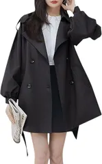 WEARBIE ウェアビー ボリュームスリーブ ショート トレンチ コート ジャケット スプリングコート レディース春コート ビックシルエット カジュアルコーデ ガーリー キャンディスリーブ オーバーサイズ ドロップショルダー(ブラック,  S)