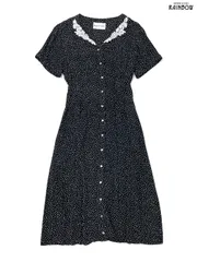 古着 Danny & Nicole ダニーアンドニコル オープンカラー 刺繍レース リボン 前開き ドット柄 ロング丈 半袖 ワンピース 黒 (otu2405189)