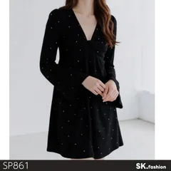 美品 INGNI イング ワンピース ミニ丈 長袖 ドット柄 フレアスリーブ Vネック ウエスト切替 　ブラック　 【SP861-00】 送料無料　古着　レディース