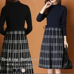 プチハイネック ニットワンピース ウール50%切り替え ワンピース 秋冬 チェック柄 きれいめ  ロング 膝丈 ニット 長袖 ロングワンピース フォーマル ハイネック  ニットワンピ プリーツスカート チェック 長袖ワンピース オシャレ 送料無料