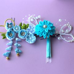 ❁つまみ細工ブルー下がり付き＆タッセル髪飾りセット ❁着物・和装・袴・浴衣髪飾り・つまみ細工・ヘアアクセサリー・ハンドメイド・ヘアアクササリー・卒園式・卒業式・七五三