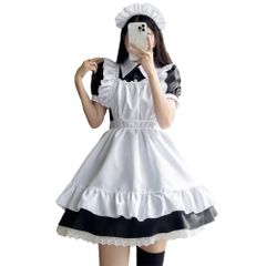 【人気商品】パーティー イベント 蝶結ぶ 半袖 コスプレ 演出服 レディース 仮装 ハロウィン ニーハイソックス ワンピース 人気 正統 カチューシャ ゴスロリ ロリータ 可愛い 4点セット メイド服 [YAISHN]