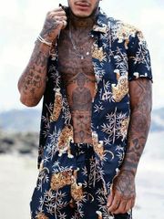 和柄 虎柄 半袖シャツセットアップ ハーフパンツ 上下 黒×黄 039 柄シャツ 大きいサイズ ヤクザ ヤンキー オラオラ系 悪羅悪羅 服 メンズ ファッション