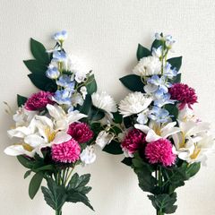 造花⑥お供え花　仏花　仏壇　お墓お供え1対2束　ブルー　ピンク　ホワイト　お彼岸　お盆　アーティフィシャルフラワー