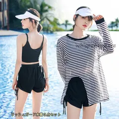 水着 レディース 体型カバー ビキニ 水着 ボーダー ラッシュガード 長袖 3点セット タンキニ カップ付き ショートパンツ ロングＴ 日焼け防止