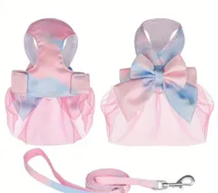 Sサイズ⭐︎犬・猫・兼用⭐︎ピンクと水色・ビッグリボンが可愛いハーネス&リードセット⭐︎(8)