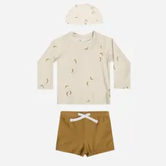 ☆ バナナ×ベージュ ☆ 120cm ☆ ベビー キッズ 水着 セパレート 帽子付き UVカット gsw6041 子供 水着 男の子 ラッシュガード スイムウェア 長袖 上着 ベビー水着 おしゃれ 短パン 半ズボン トランクス セパレート 紫外線対策