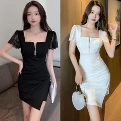 ワンピース タイト 胸元ジッパー セクシー キャバ 嬢 ドレス パーティ フリル 春夏コーデ 韓国系ファッション シンプル