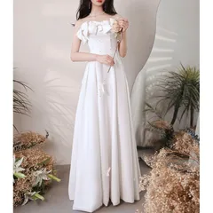 【新品 未使用】2026新作 ウェディングドレス 結婚式 二次会 ウエディングドレス ロング丈 エレガンス オフショルダー ドレス リボン パール 白 ワンピース パーティードレス 安い 韓国風 シンプル 