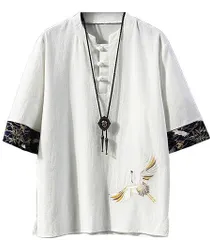 [foveitaa]メンズ夏服シャツTシャツリネンシャツ半袖綿麻和風和柄刺繍七分袖五分袖大きいサイズカジュアルゆったりおしゃれ無地Vネックファッションカットソー吸汗速乾トップスwhiteL