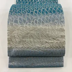 【美品】 袋帯 名品 幾何学 銀糸 箔 水色 全通 正絹 【中古】