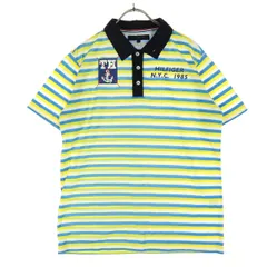 TOMMY HILFIGER トミーヒルフィガー 日本製 ボーダー柄 ゴルフ 半袖 ポロシャツ L ブルー メンズ 古着