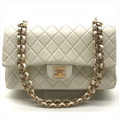良品 CHANEL シャネル ココマーク ターンロック ラムスキン Wフラップ Wチェーン ショルダー バッグ ホワイト dc1