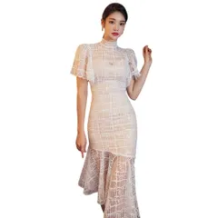 [GRAXIA] 【グラシア】キャバドレス ロングドレス タイト ワンピース キャバ嬢 キャバクラ ラウンジ 半袖 アシンメトリー ベアトップ チュール 総レース レディース ホワイト×花柄 XLサイズ