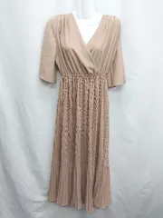 ◇ ⊂ corners by Lowy Vネック ギャザー加工 半袖 ロング丈 ワンピース サイズM ライトブラウン レディース E  【1410290015452】