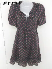 ◇ ◎ DOLLY GIRL BY ANNA SUI ウエストリボン付 総柄 半袖 膝丈 ワンピース サイズ1 ブラック レディース  【1109170006849】