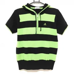 【美品】アディダス 半袖ニットパーカー 黒×グリーン ハーフジップ ボーダー  レディース L/G ゴルフウェア adidas