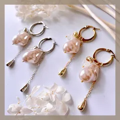 ＊大粒 ピンクベージュ パール メタル フープ ハンドメイドピアス イヤリング チェーン 揺れる ニュアンス 上品 アレルギー対応