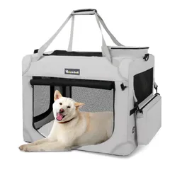 『数量限定』 給水ボトルバンド付き 中型犬・猫2匹 ロック付き 15kgまで『トランク、旅行、避難、室内外兼用！』 頑丈耐久 5面メッシュ (ライトグレー 車用ケージ 犬 L（70L 犬 x 折りたたみ キャリーケース 52W 犬用キャリーバッグ 犬用クレート