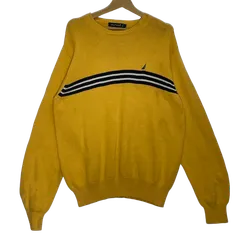 NAUTICA/ノーティカ クルーネックボーダーニット セーター 長袖 ワンポイント刺繡 オーバーサイズ ビッグシルエット THAILAND制 メンズ L　イエロー
