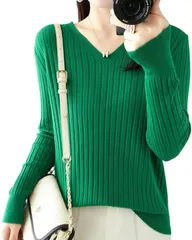 グリーンパキラ セーター レディース 秋冬 リブニット トップス vネックセーター 長袖 カットソー 春 オフィスカジュアル レディーストップス 女性 ブイネック(グリーン,  2XL)