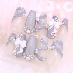 No.23オーダー♡量産型ワンホン韓国リボンフレンチガーリースナ系ネイルチップ