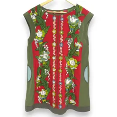 美品 OLLEBOREBLA ALBEROBELLO オレボレブラ アルベロベロ ぶたさん リーフ フレンチスリーブ ひざ丈ワンピース レッド カーキ レディース 古着 中古 USED