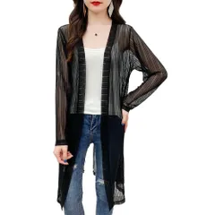 カーディガン　ブラック　ミドル丈　透け感　ポケット付き　女性　レース　フリー