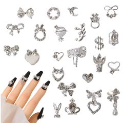 大きめ ネイルパーツ ネイルパーツ ストーン キラキラ 立体 ネイルアート ジュエリーパーツ 3D 揺れる シルバー 24個セット メタルパーツ DIY ハート 手芸 デコパ リボン ーツ (シルバー)