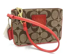 ■美品■ COACH コーチ シグネチャー キャンバス×レザー ミニ マルチポーチ マルチケース ブラウン系×コーラルオレンジ系 DJ1091