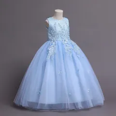 ドレス ロングドレス 子供ドレス 発表会ドレス スカイブルー ワンピース パーティー 誕生日 子ども 結婚式  発表会 ドレス キッズ 女の子 お姫様 ジュニアドレス ピアノ 入学式 kaili02