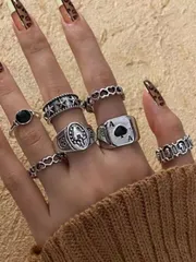 リング レディース セット 7個セット ヴィンテージ ゴシック スペード ハート リングセット、シルバー クローズドリング