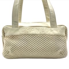 良品 CHANEL シャネル ラムスキン レザー コットン ニット ハンド バッグ アイボリー レディース 鞄 かばん 肩掛け db11