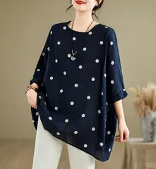 チュニック 大きいサイズ チュニック ブラウス ドット柄 水玉 五分袖 シャツ レディース 五分袖 大きいサイズ プルオーバー ゆったり トップス 総柄HZQ2535
