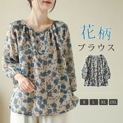 花柄ブラウス レディース シャツブラウス クルーネック プルオーバー 夏 七分袖 ブラウス チュニック 綿麻風 ゆったり トップス 大人 可愛い お洒落 キレイめ カジュアル ナチュラム エレガント 送料無 min#