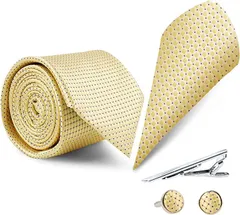 SUNOGE ネクタイ チーフ タイピン 5点セット ビジネス 結婚式 就活 入学式 卒業式 父の日 メンズ プレゼント( D13 イエロー,  長さ145cmx大剣先幅8cm)