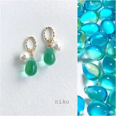 ◆ 379 オフェリア ブルー しずく ガラス パール ピアス イヤリング ◆ 再販 人気 上品 シンプル 小ぶり プチプラ ハンドメイド ブルー グリーン