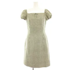 ハロッズ Harrods ワンピース ひざ丈 ギンガムチェック ひざ丈 オフショルダー スクエアネック 絹 シルク 2  カーキ 白 ホワイト 10013522 /HN