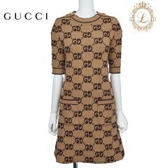 【返品可】GUCCI グッチ ロゴマーク ニット 半袖 ワンピース  トップス スカート サイズS 羊毛 ブラウンブランド アパレル
