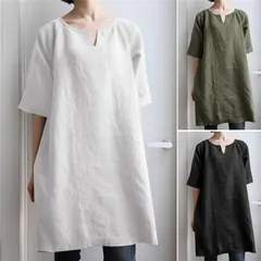 チュニック ロングシャツ シャツ レディース ワンピース 夏 プルオーバー 綿麻 シャツワンピース 半袖 大きいサイズ ゆるシルエット 体型カバー 無地 30代 40代 liren03