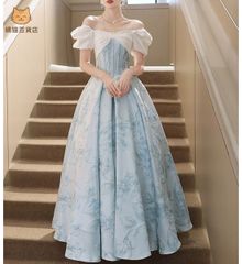 新品 未使用 カラードレス カクテルドレス ロングドレス 2way ブルー 花柄 オフショルダー パフスリーブ パーティードレス 発表会 演奏会 結婚式 ステージ イブニングドレス 編み上げ 前撮り プリンセスドレス レトロ 1015のサムネイル